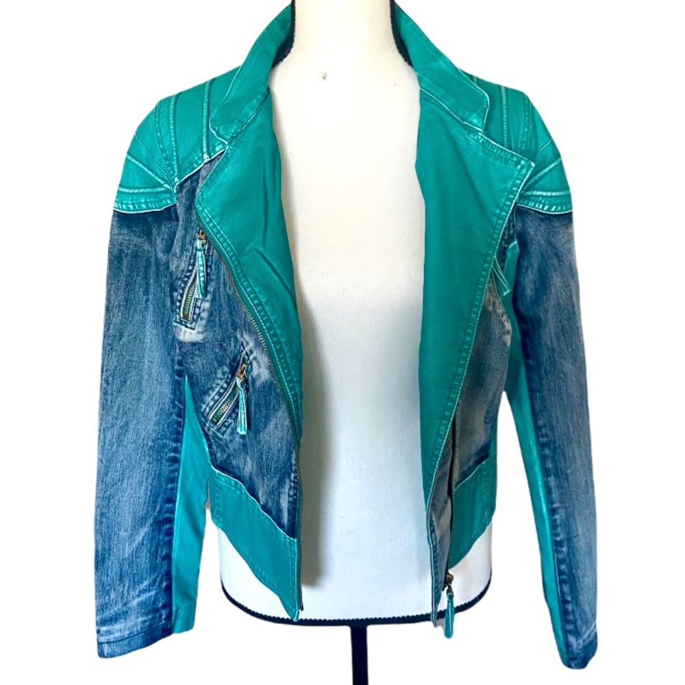 Boutique Jean Leather Moto Teal Jacket